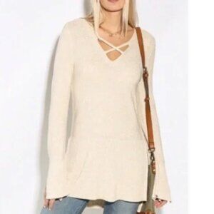 Free People Sweater Criss-Cross Front Knit Tunic Side Slit Linen Blend Cream